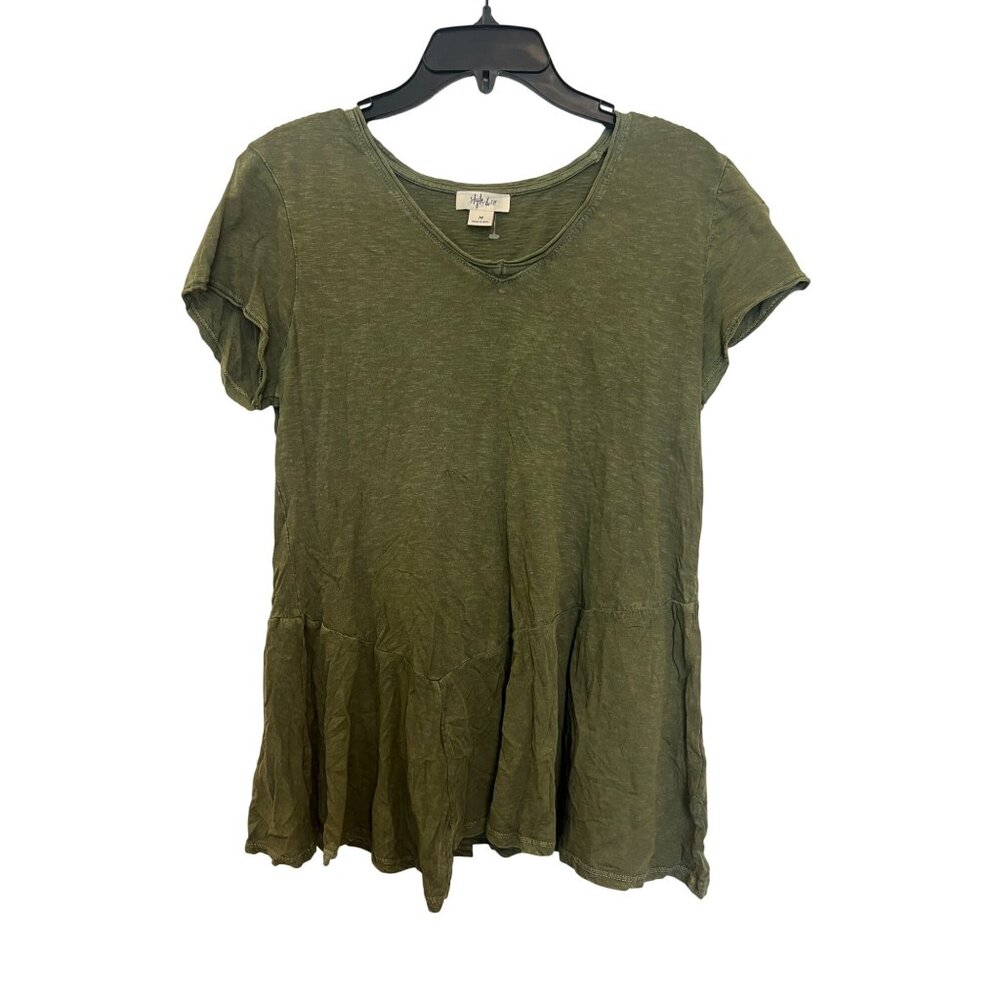 Style & Co Green Short Sleeve Cotton Peplum Top M